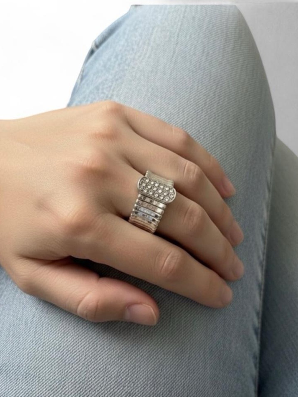 WA Studios Silver Stretch Ring with Crystal Accents